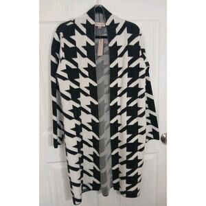 Philosophy Sweater Geometric Long Line Open Front White/Black Soft Cardigan Med